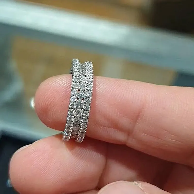 Stunning 3 Row Design Round Cut Sterling Silver Wedding Band Shineofdiamond