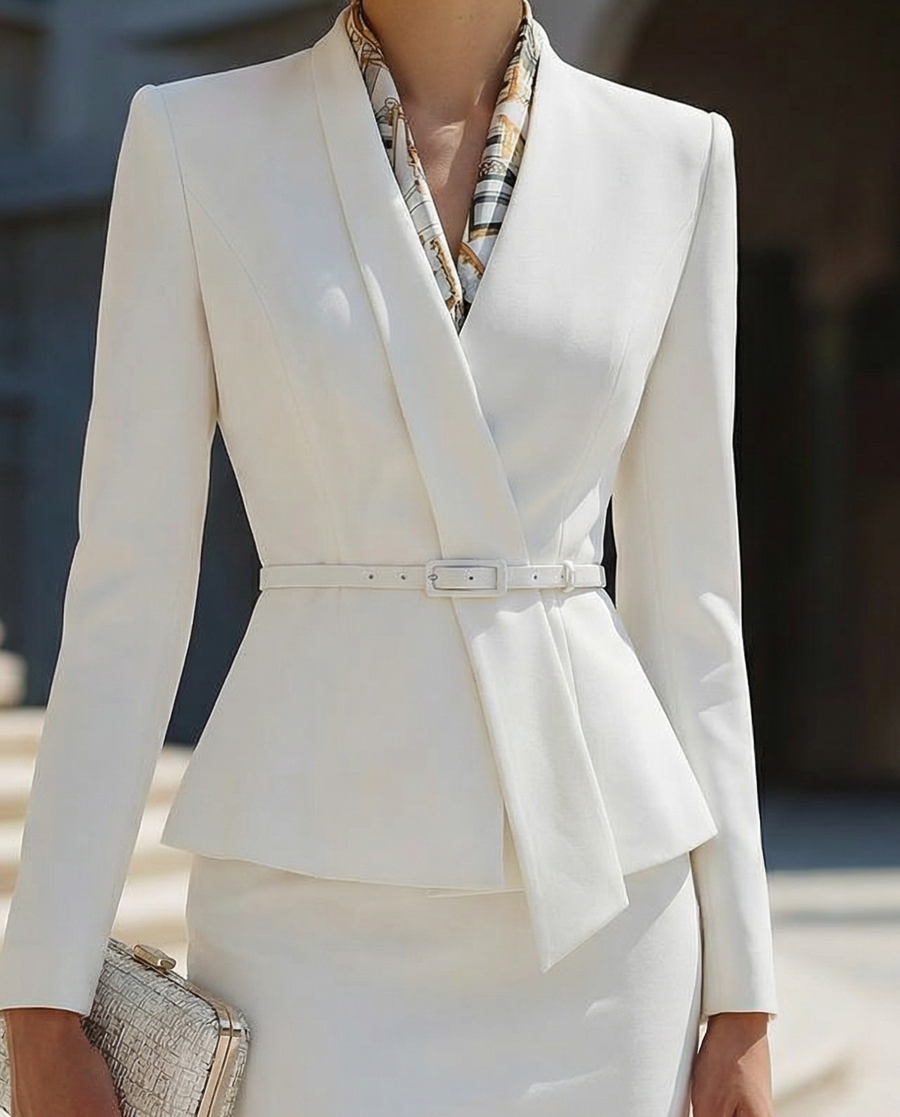 White Embellished Collar Belted Blazer With Skirt Set