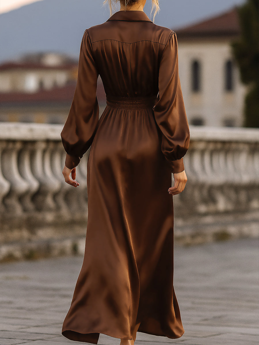 CAAYWORLD Satin Cinched Waist Maxi Dress In Mocha Brown ZJ