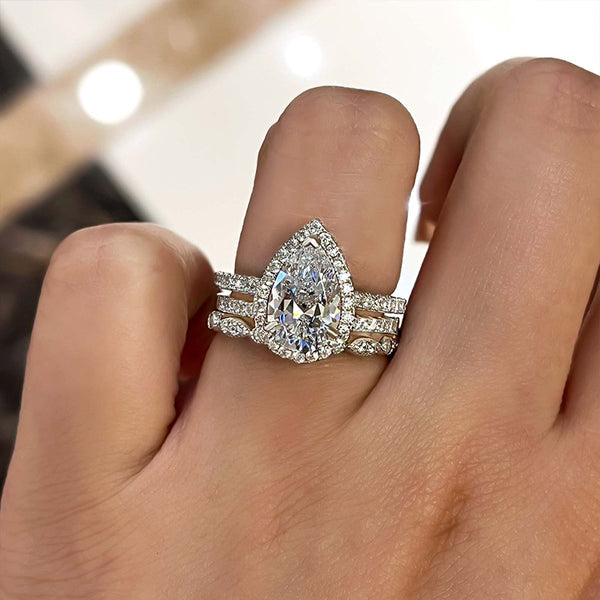 3-Pieces Halo Pear Cut Wedding Bridal Ring Set In Sterling Silver Shineofdiamond