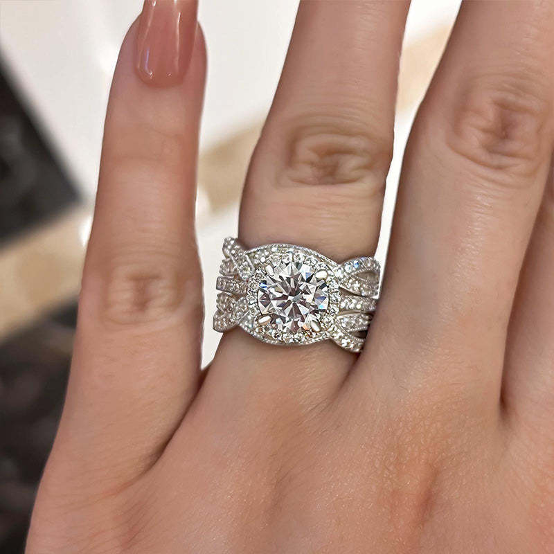 Halo Round Cut Insert Wedding Bridal Set In Sterling Silver Shineofidamond
