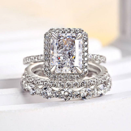 3PC Gorgeous Halo Radiant Cut Bridal Set In Sterling Silver Shineofidamond