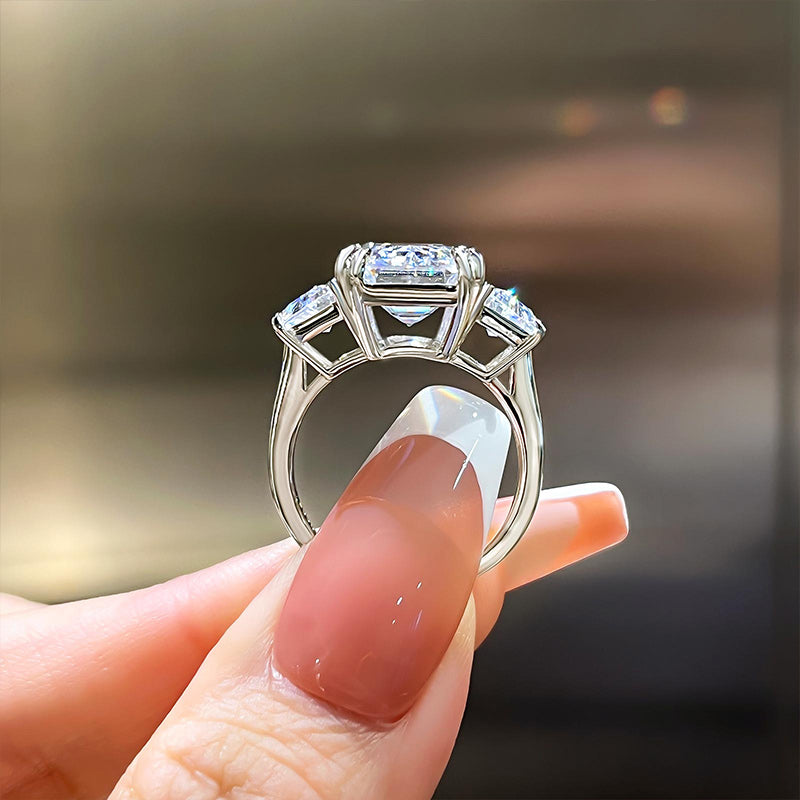 Gorgeous Emerald Cut Three Stone Engagement Ring In Sterling Silver Shineofdiamond