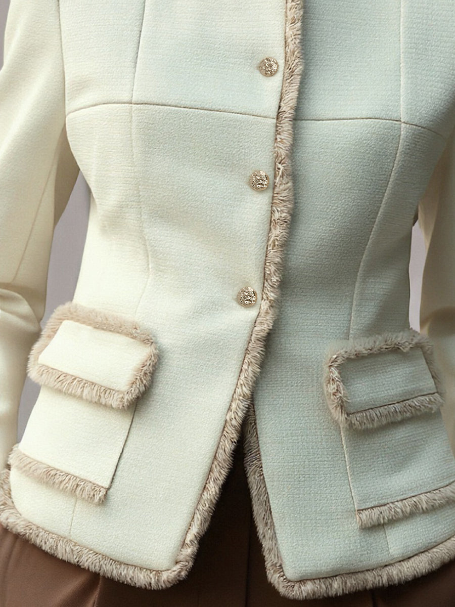 Elegant Cream Textured Blazer With Decorative Trim SN