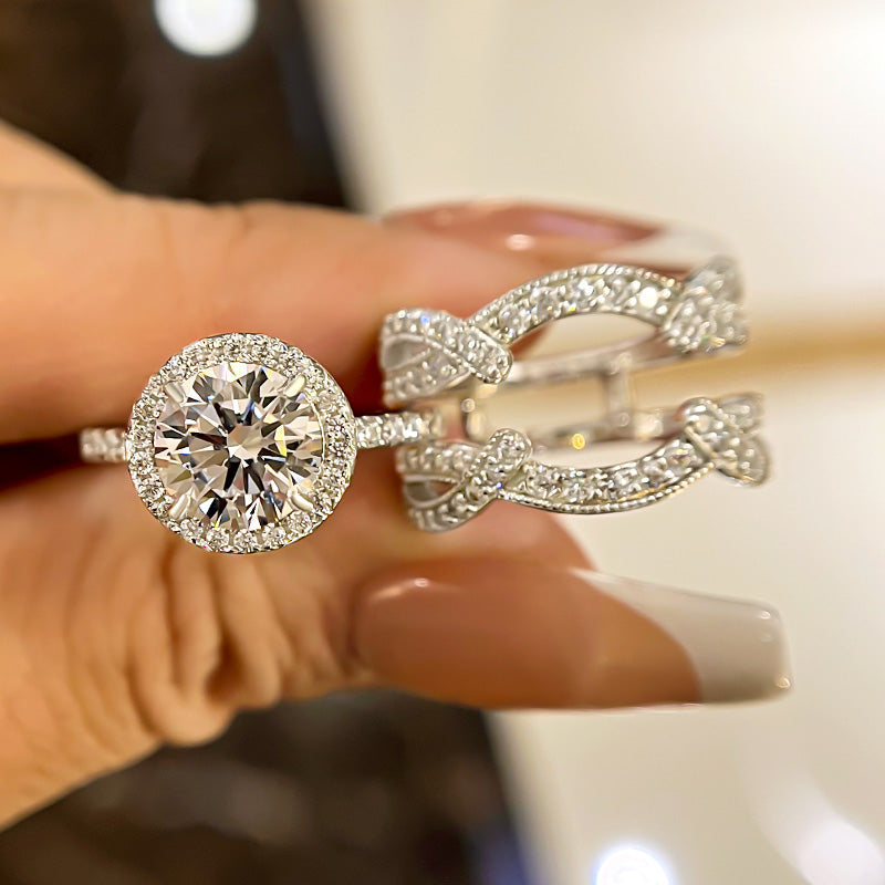 Halo Round Cut Insert Wedding Bridal Set In Sterling Silver Shineofidamond
