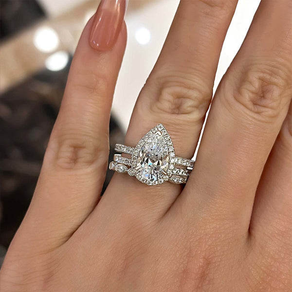3-Pieces Halo Pear Cut Wedding Bridal Ring Set In Sterling Silver Shineofdiamond