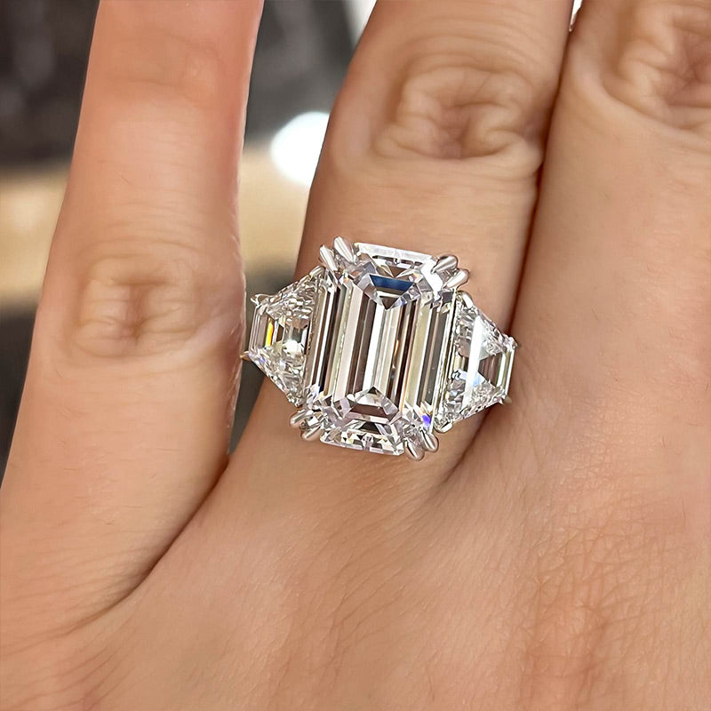 Gorgeous Emerald Cut Three Stone Engagement Ring In Sterling Silver Shineofdiamond