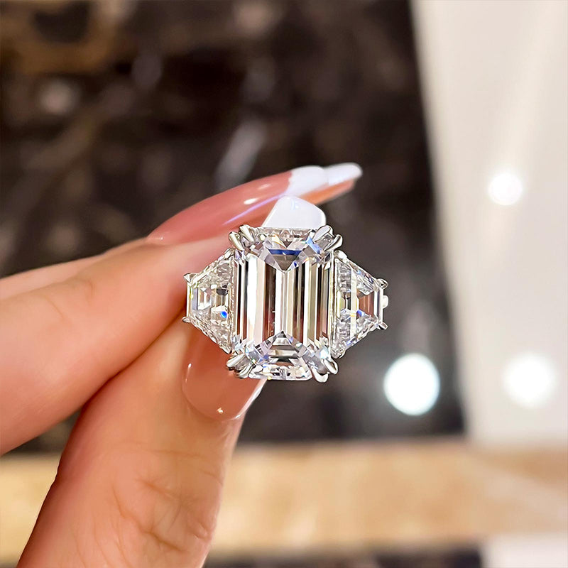 Gorgeous Emerald Cut Three Stone Engagement Ring In Sterling Silver Shineofdiamond