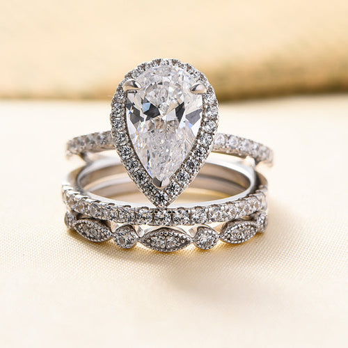 3-Pieces Halo Pear Cut Wedding Bridal Ring Set In Sterling Silver Shineofdiamond