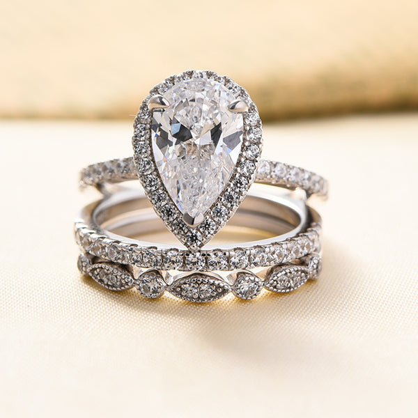 3-Pieces Halo Pear Cut Wedding Bridal Ring Set In Sterling Silver Shineofdiamond