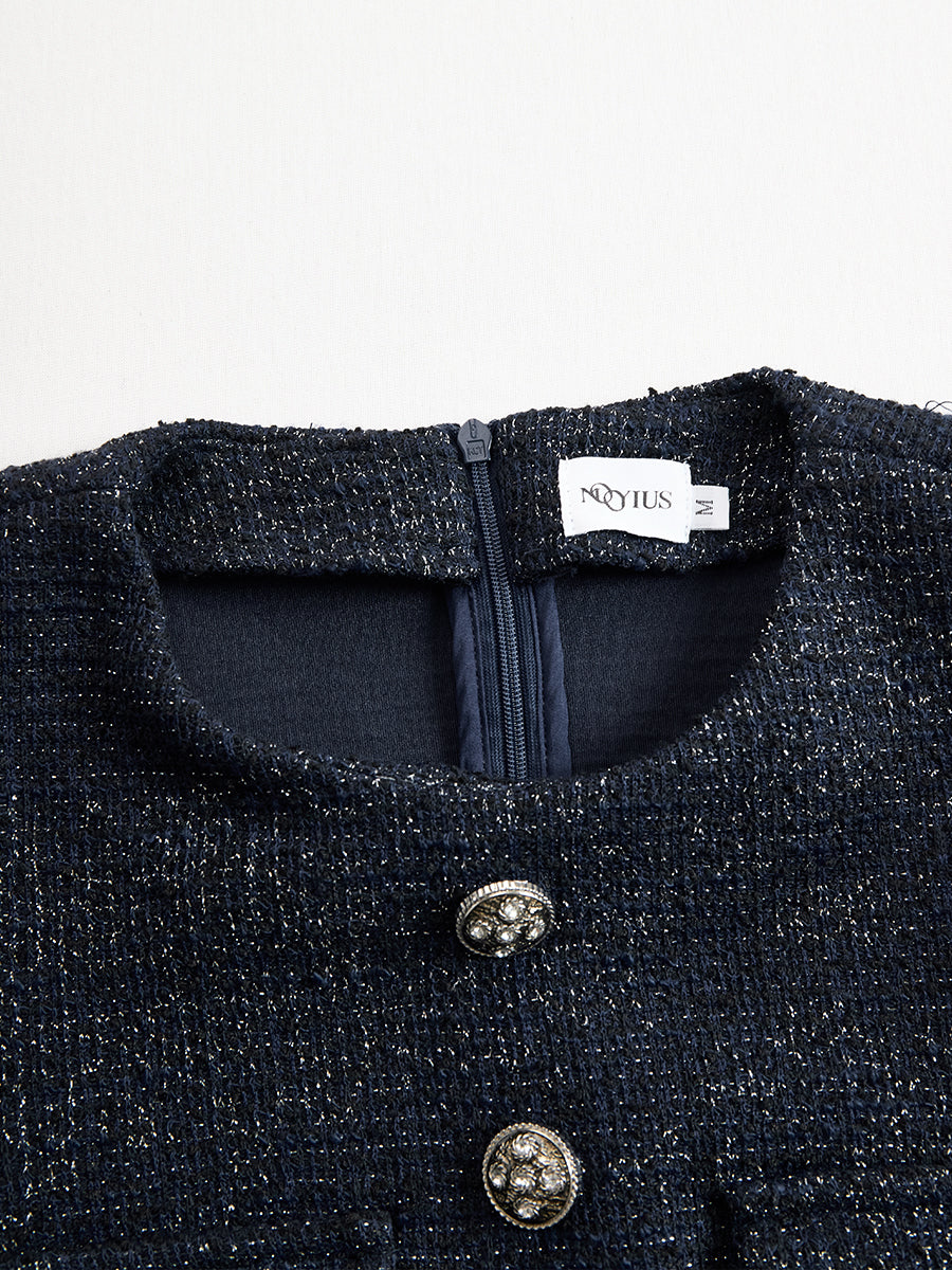Navy Tweed Midi Dress With Embellished Buttons XYS