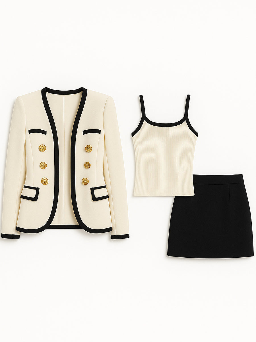 Three-Piece Set Contrast Trim Gold-Button Blazer Suit Set MLZ