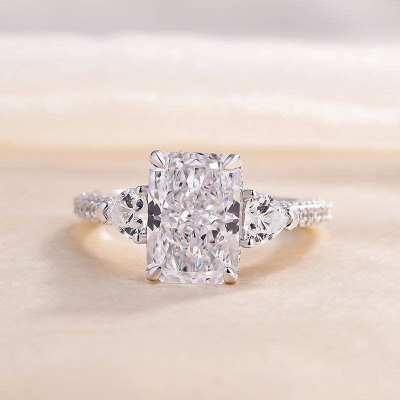 Radiant Cut Three Stone Engagement Ring With Two Heart Cut Side Stones shine of diamond