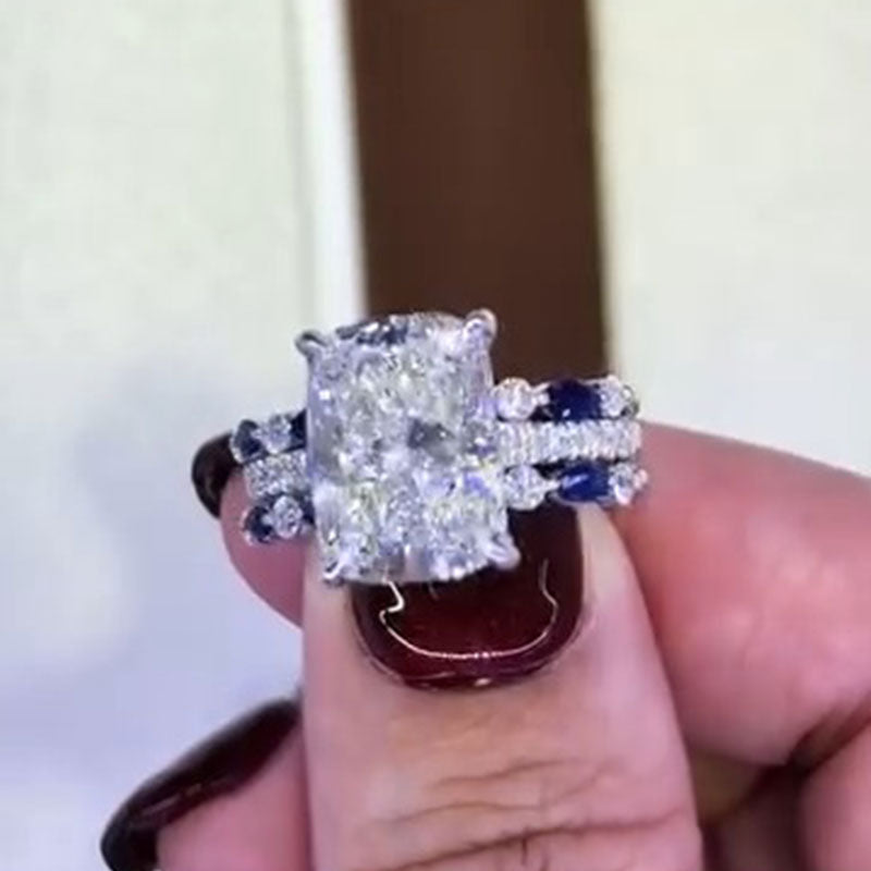 Vintage 2 PCS Blue Cushion Cut Sterling Silver Bridal Set Shine of Diamond