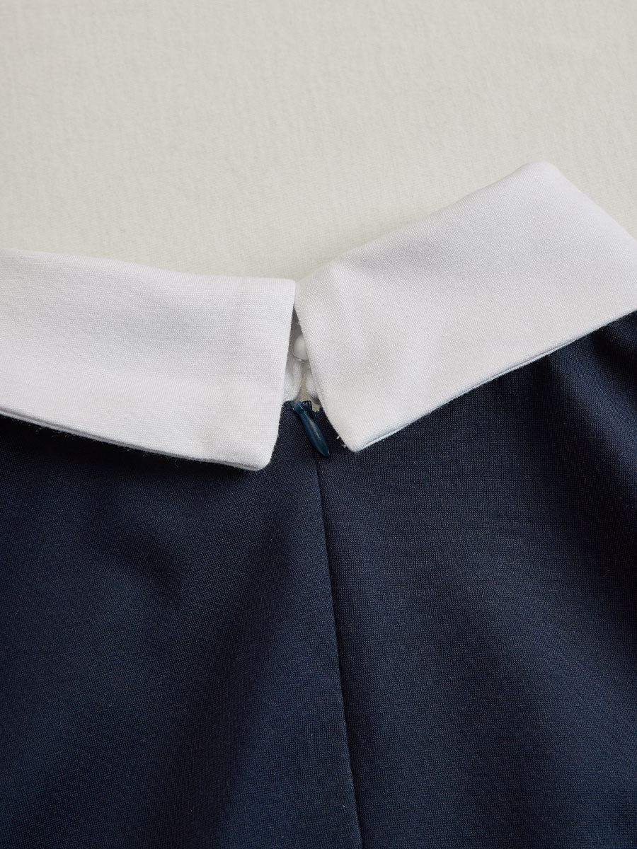 Elegant Navy & White Contrast Button-Up Midi Dress SN