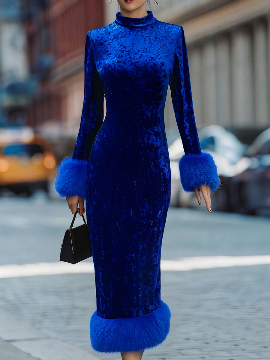 Glamorous Royal Blue Velvet Dress With Feather Trims SN