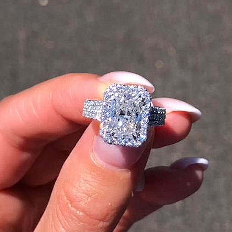 Halo Radiant Cut Split Shank Engagement Ring In Sterling Silver shineofdiamond