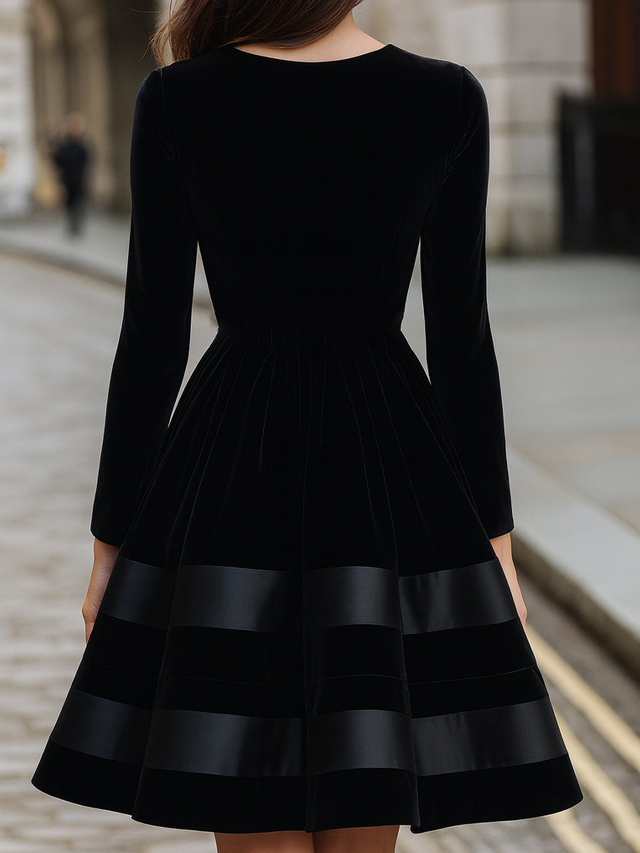 Black Velvet Fit-and-Flare Dress With Satin Stripes ZJ