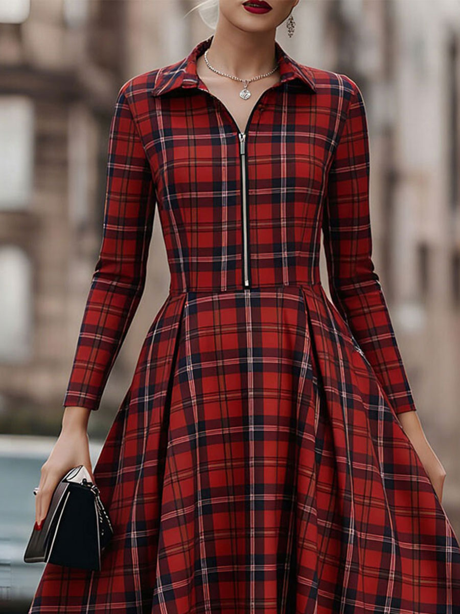 Elegant Long Sleeve Plaid Dress - Perfect Blend Of Classic And Contemporary SN