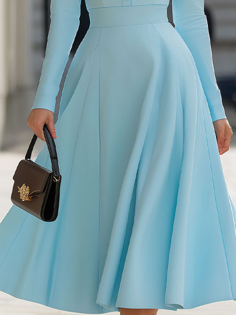 Sky Blue Shirt Collar Fit-and-Flare Dress SN