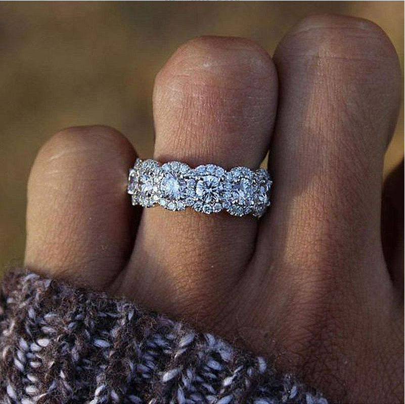 Dainty Halo Round Cut Five Stone Sterling Silver Wedding Band hot