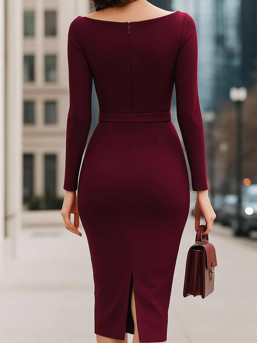 Elegant Wine Red Belted Pencil Midi Dress SN