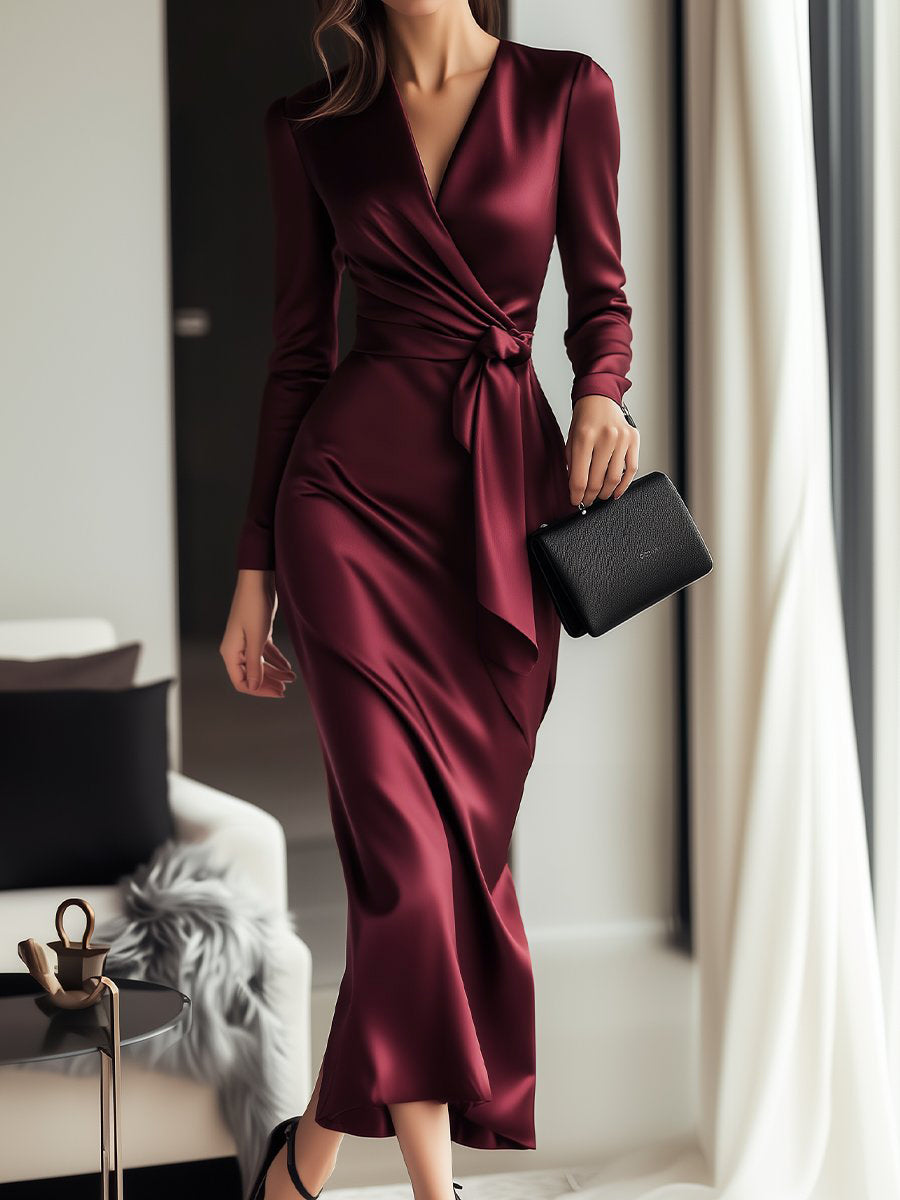 Timeless Burgundy Satin Wrap Dress with Waist Tie Detail ZJ