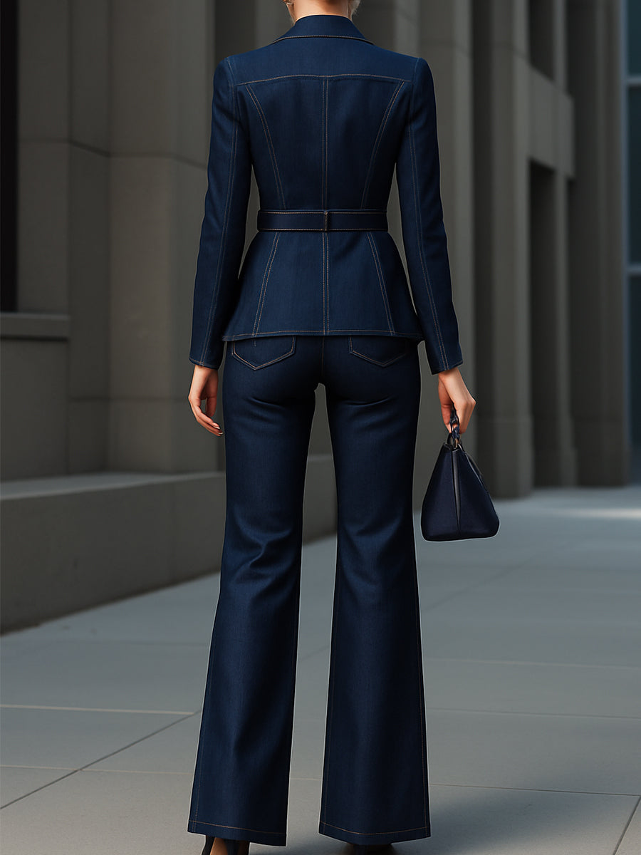 Tailored Dark Denim Blazer & Flare Pants Set SN