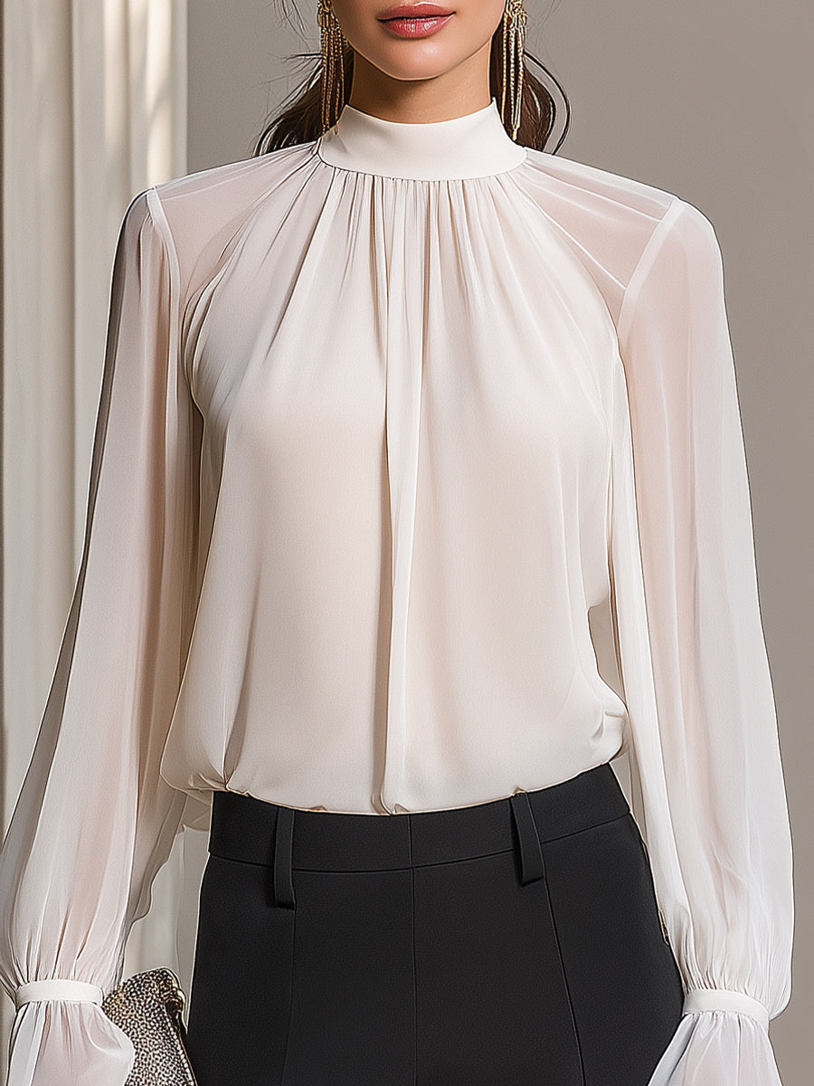 High-Neck Long-Sleeve Draped Blouse XYS