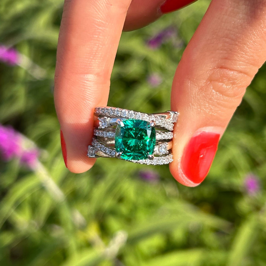 2 Pcs Green Cushion Cut Insert Bridal Sets Shine of Diamond