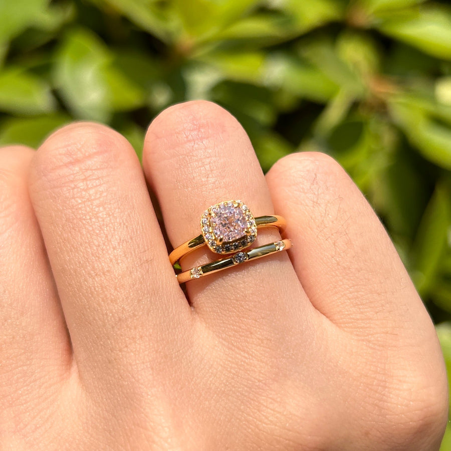 2 Pcs Pink Cushion Cut Halo Sterling Silver Bridal Set In Golden Tone Carly Jewelry