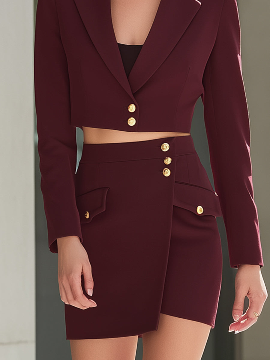 Burgundy Cropped Blazer & Asymmetrical Skirt Two-Piece Set ZJ