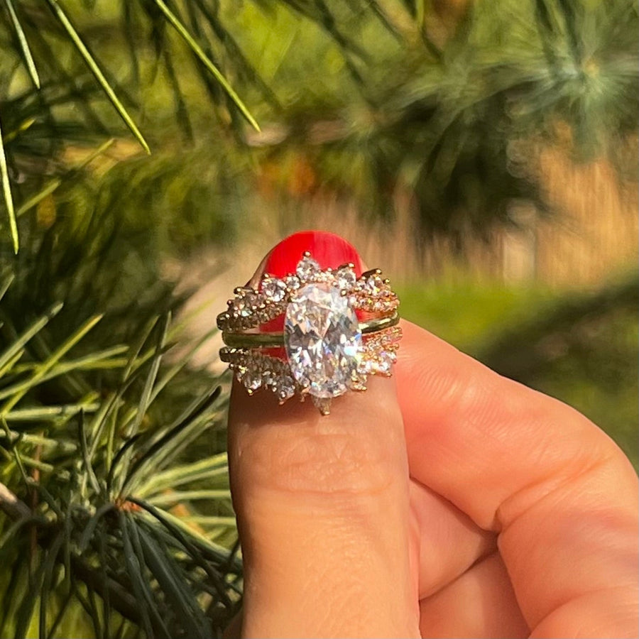 2 Pcs Hidden Halo Oval Cut Insert Bridal Set For Women Shine of Diamond