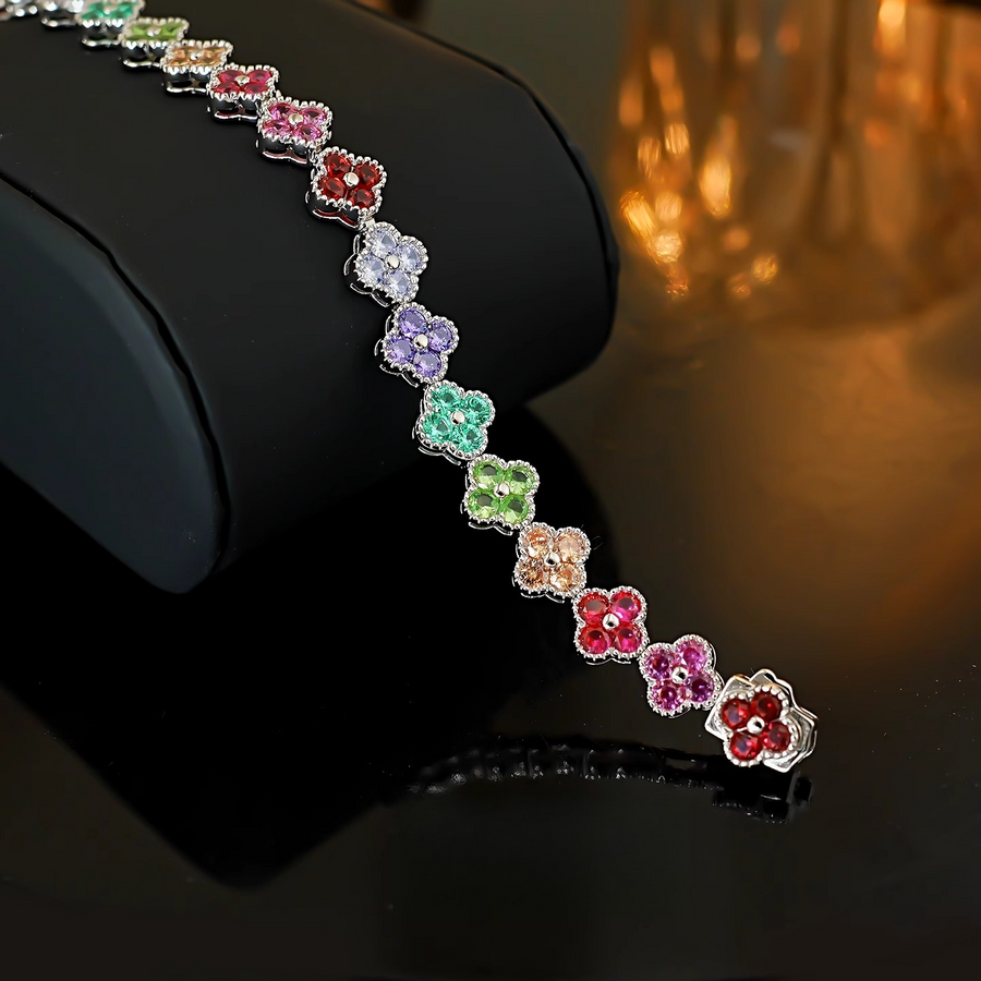 Clovers Design Multicolor Gemstone Bracelet in Sterling Silver Shine of Diamond