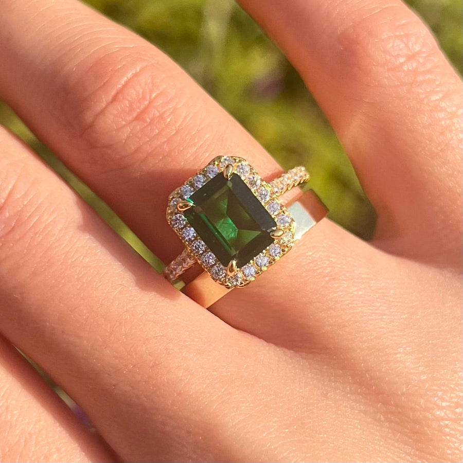 2 Pcs Green Emerald Cut Halo Design Bridal Sets In Golden Tone Shine of Diamond