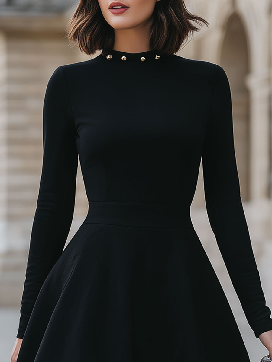 Elegant Black Studded Neckline Dress SN