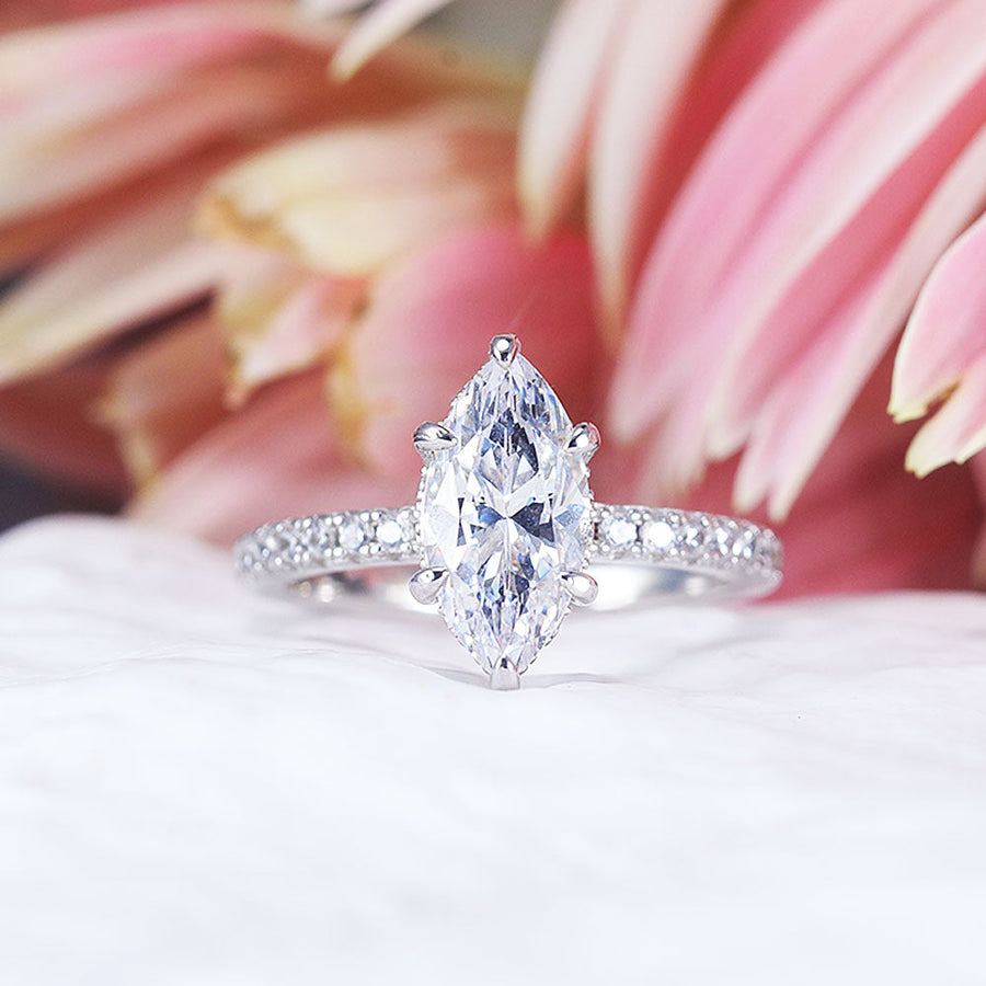Vintage 2pcs Marquise Cut Sterling Silver Ring Set with Lace Band Shine of Diamond