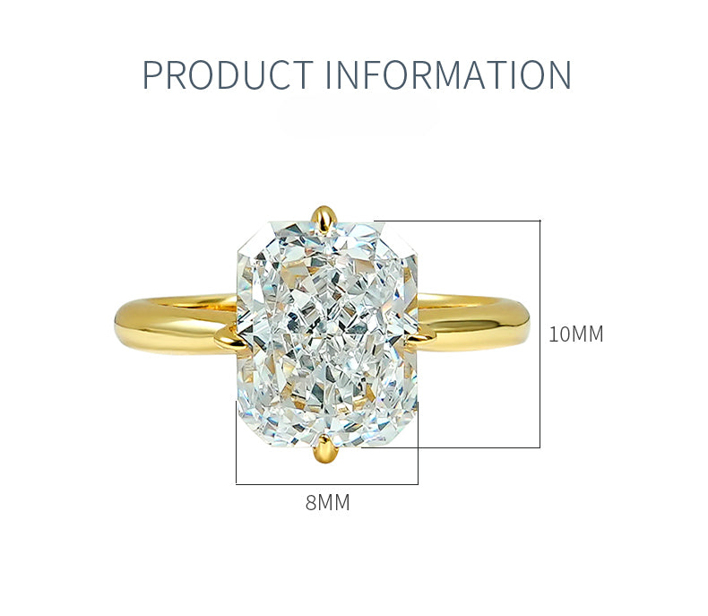 Radiant Cut Sterling Silver Solitaire Engagement Ring in Golden Tone shine of diamond
