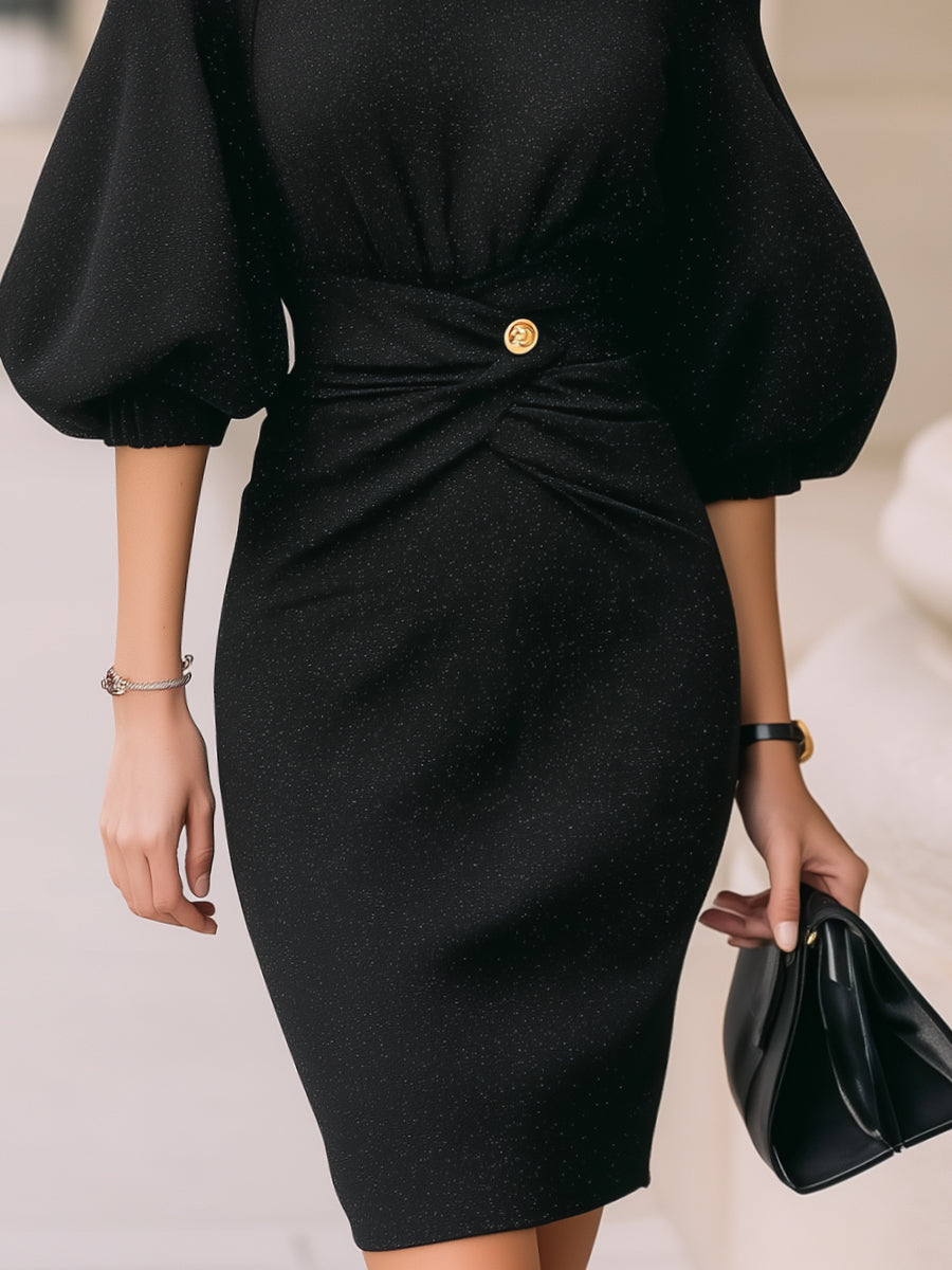 Elegant Sparkle Knit Puff-Sleeve Waist Twist Midi Dress MLZ