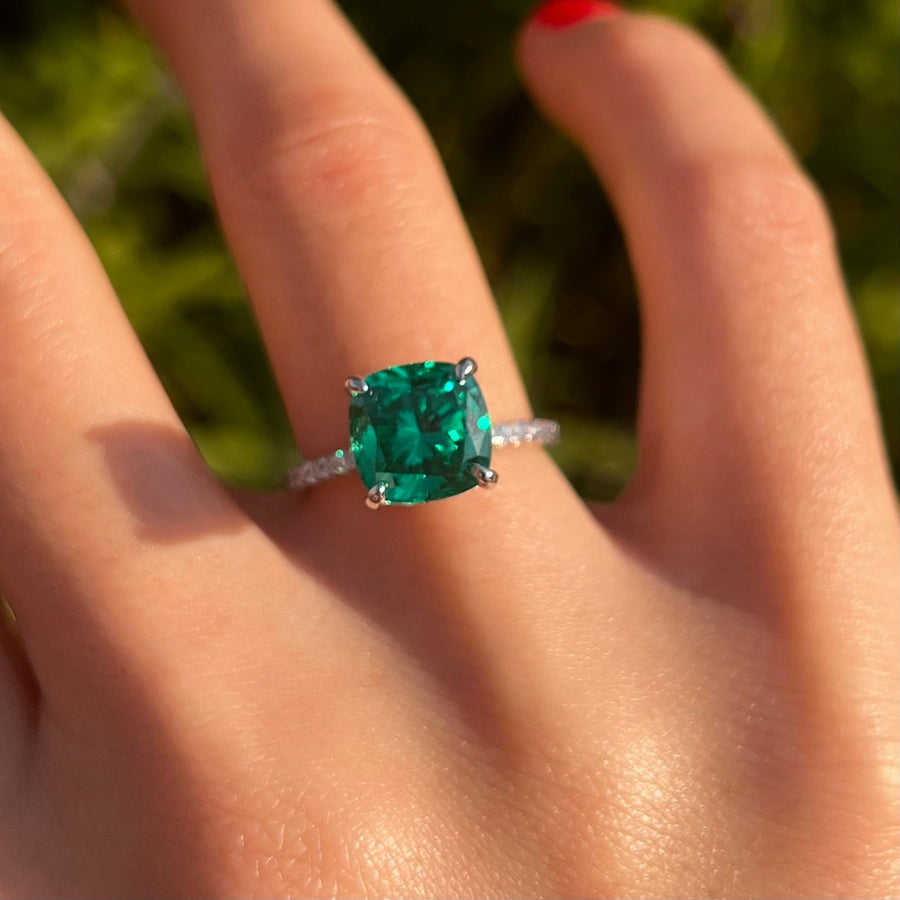 Retro Green Cushion Cut Hidden Halo Sterling Silver Engagement Ring Shine of Diamond