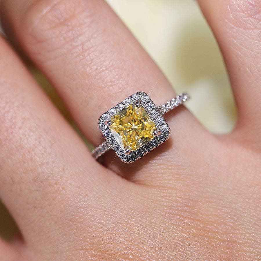 Vintage Cushion Cut Halo Design Yellow Sterling Silver Ring Shine of Diamond