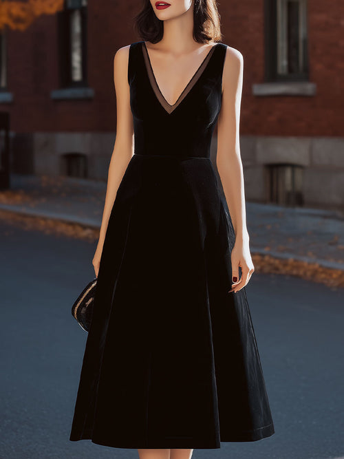 Black Velvet Sleeveless Mesh V-Neck Fit & Flare Midi Dress SN