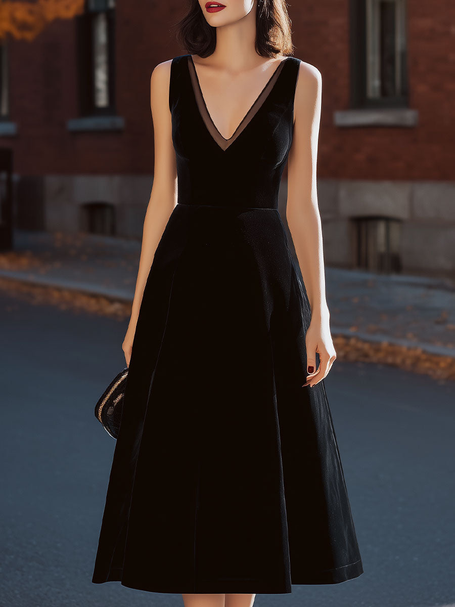 Black Velvet Sleeveless Mesh V-Neck Fit & Flare Midi Dress SN