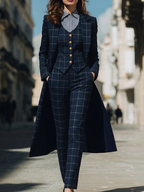 Navy Checkered Three-Piece Suit With Long Coat ZJ