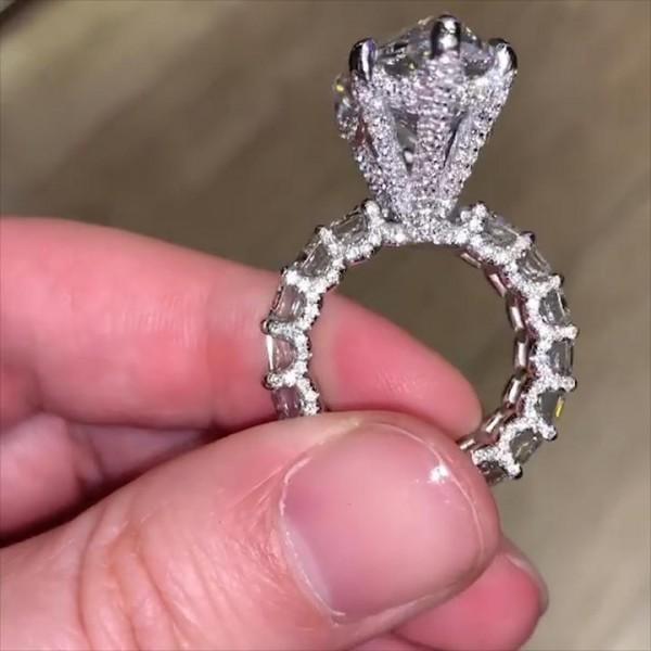 Handmade Pear Cut Sterling Silver Engagement Ring With Emerald Cut Eternity Band Shineofdiamond