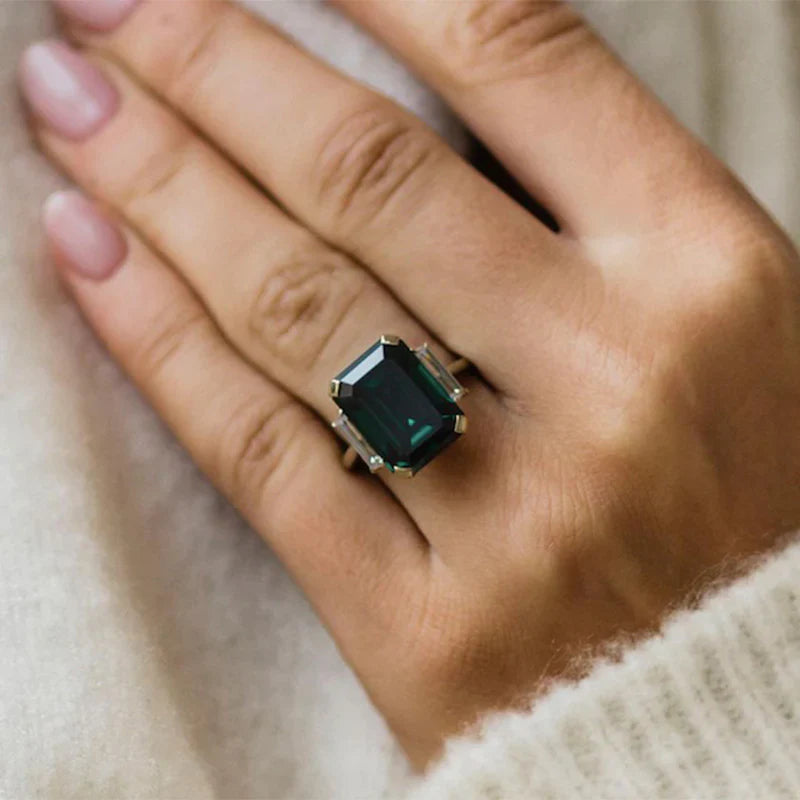 Vintage Emerald Green Three Stone Engagement Ring In Sterling Silver Shineofdiamond