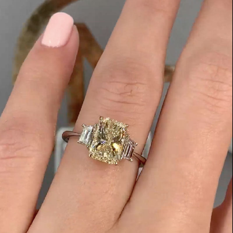 Radiant Cut Two Tone Three Stone Sterling Silver Engagement Ring Shineofdiamond