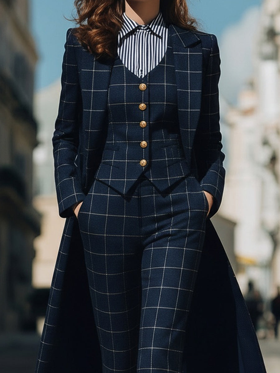Navy Checkered Three-Piece Suit With Long Coat ZJ