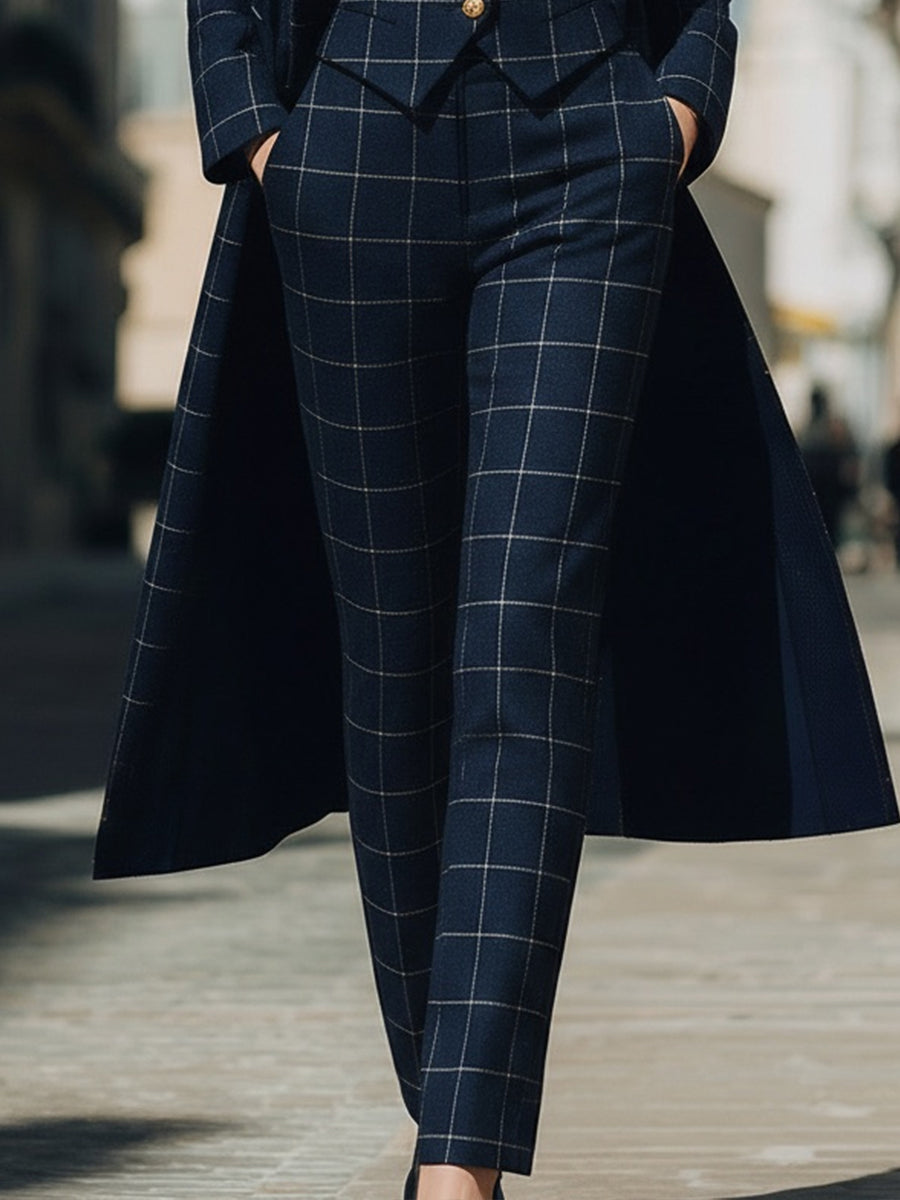 Navy Checkered Three-Piece Suit With Long Coat ZJ