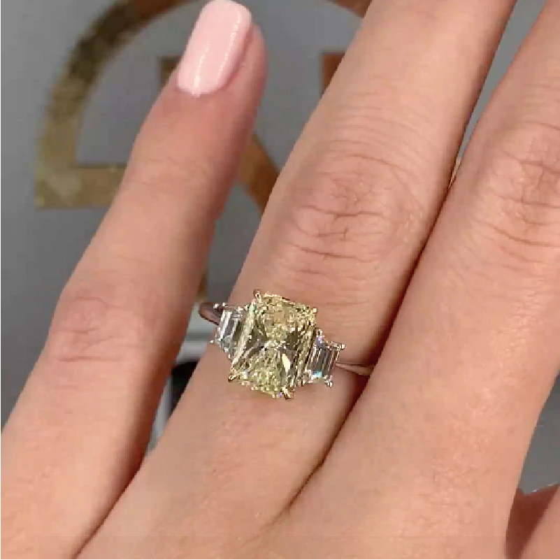 Radiant Cut Two Tone Three Stone Sterling Silver Engagement Ring Shineofdiamond